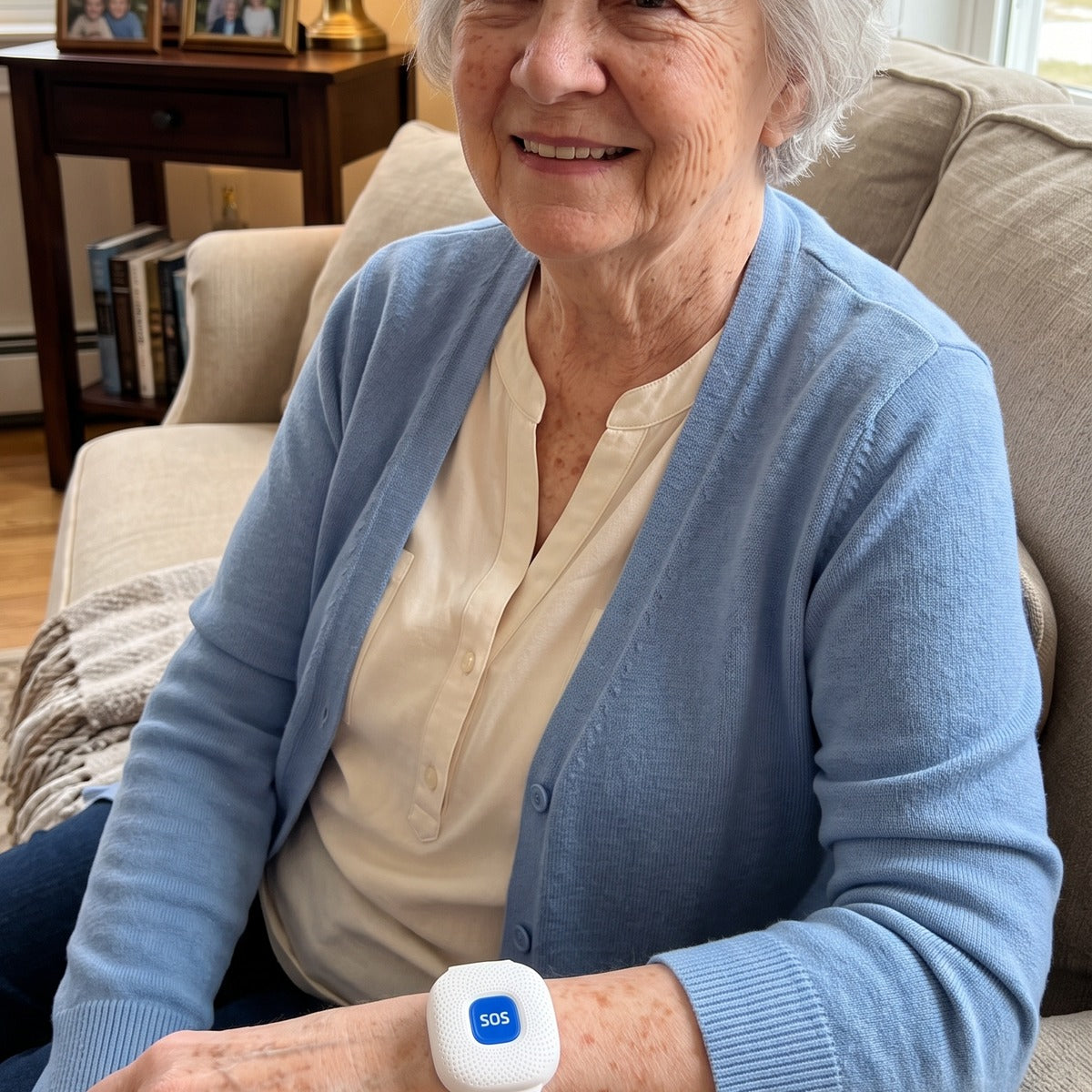 Senior woman wearing the white EverNear SOS bracelet at home