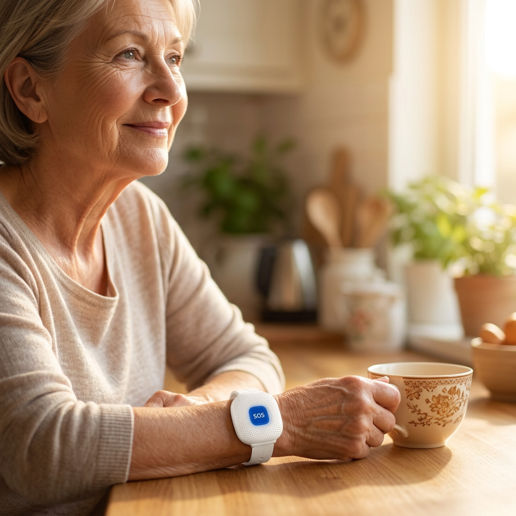 Senior woman at peace wearing the EverNear SOS bracelet